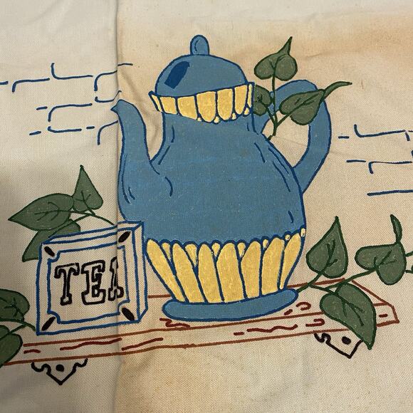 Vintage Retro MCM 60s 70s Square Linen Tablecloth 41x41” Hand painted Teapots - Picture 3 of 9